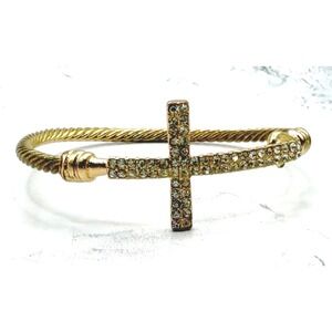Gold Tone Rhinestone Cross Bracelet 6.25" Hook Closure Dainty Faith